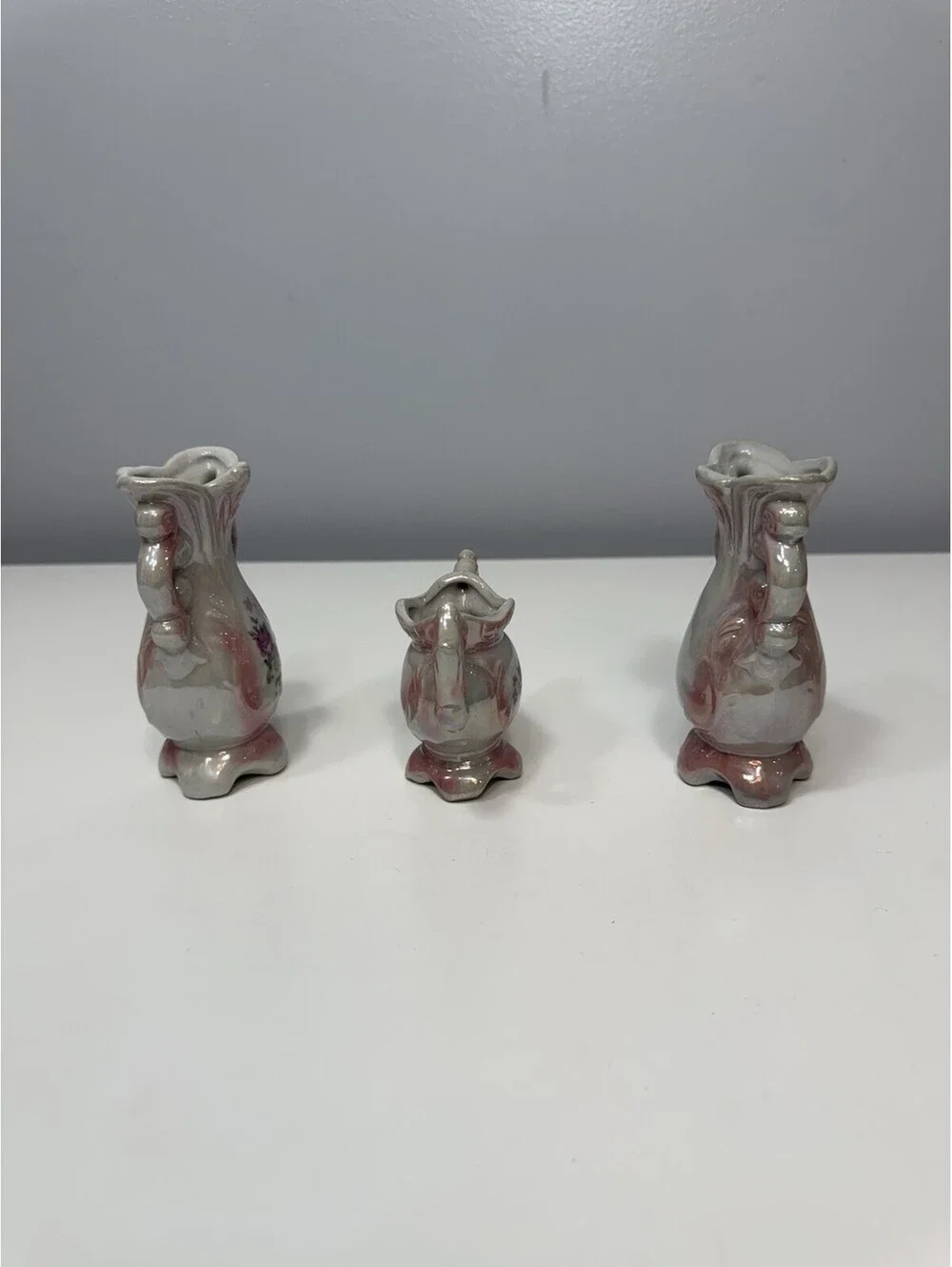 VTG Lusterware Floral Bud Vases Iridescent Pink Finish, Footed Handles Set Of 3